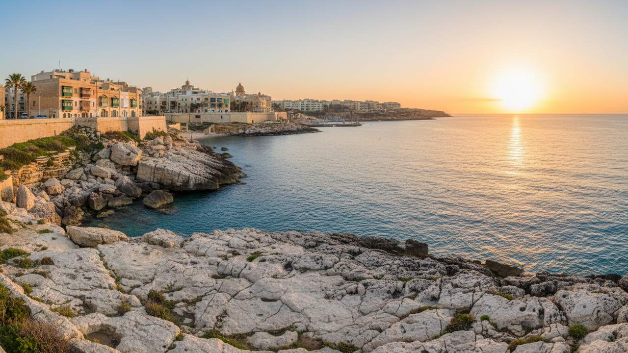 Vista della baia di Qawra Malta con spiagge rocciose e mare cristallino, punto di partenza ideale per il noleggio auto