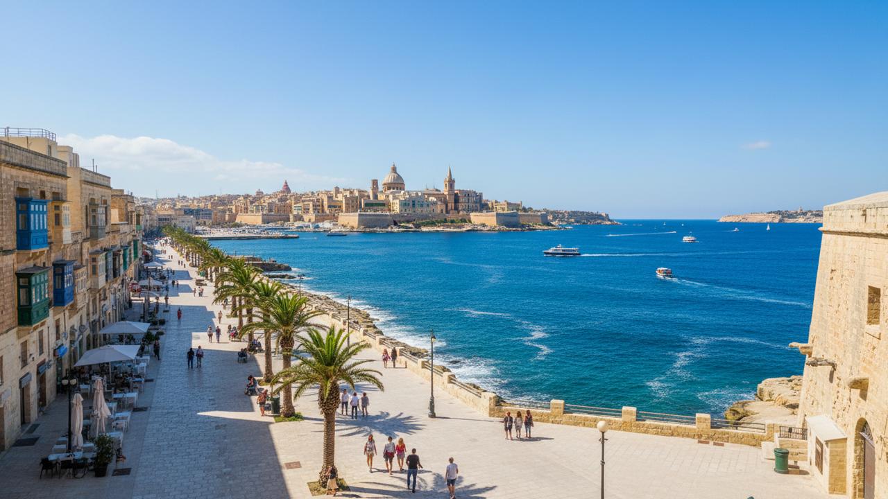Lungomare di Sliema Malta con auto a noleggio parcheggiate sul fronte mare