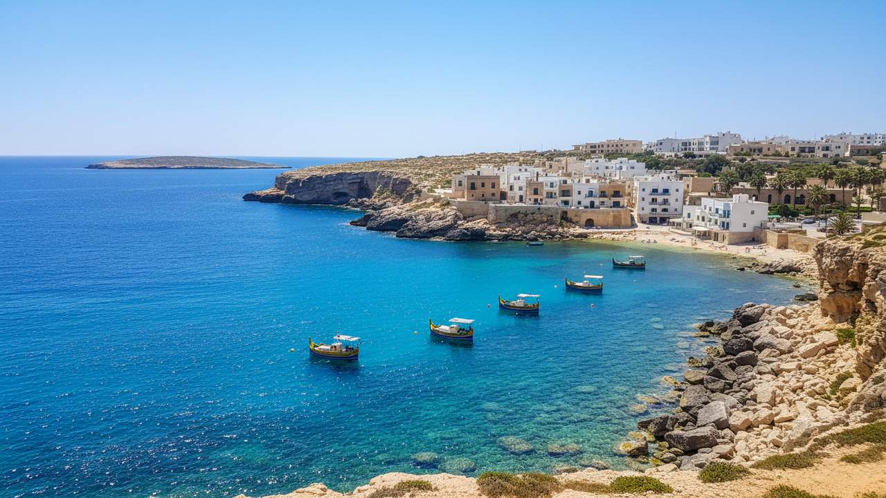 Baia di San Paolo Malta con le barche da pesca tradizionali luzzu e il profilo costiero del nord dell'isola