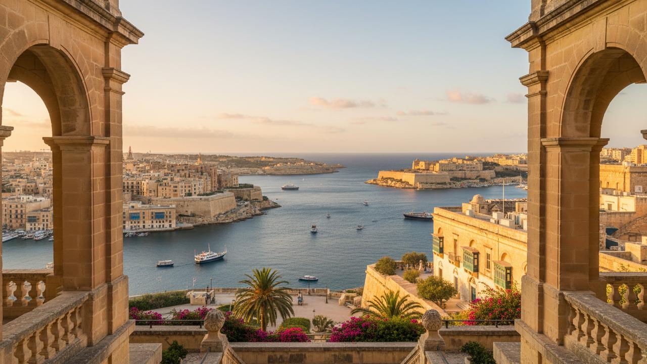 Vista sul Grand Harbour di Valletta Malta con auto parcheggiate lungo le mura barocche